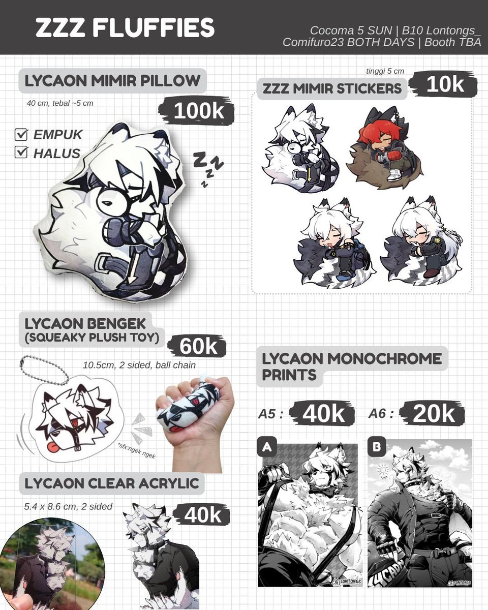 Lontongs_'s tweet photo. [Cocoma5 &amp; Comifuro23 Pickup PO]

Here are the items I will bring to these events! I've brought some new Lyca and ZZZ men items :D

📒Cocoma5 : B10 Lontongs_ (Day 2 Only)
📒Comifuro23 : (BOTH DAYS)

🗓PO : 19-27 Aug 2026
🔗 in the reply https://t.co/5gfUxkqZeP
