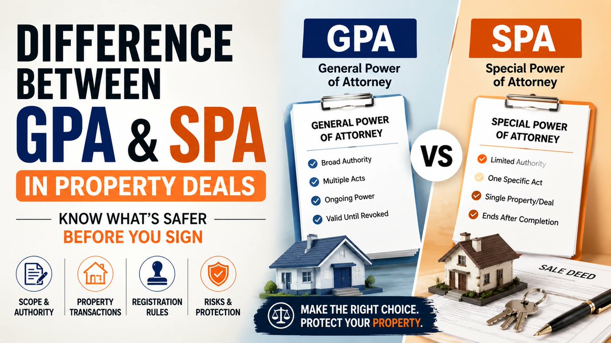 AquireAcres's tweet photo. GPA or SPA for a property deal?

GPA gives broader, ongoing authority.
SPA is limited to a specific act.
But here’s the key: neither transfers property ownership by itself.

A registered sale deed does.
Read More: https://t.co/vTW4QRt3gw

#PropertyLaw #RealEstateInvesting https://t.co/Y8K80hlZL0