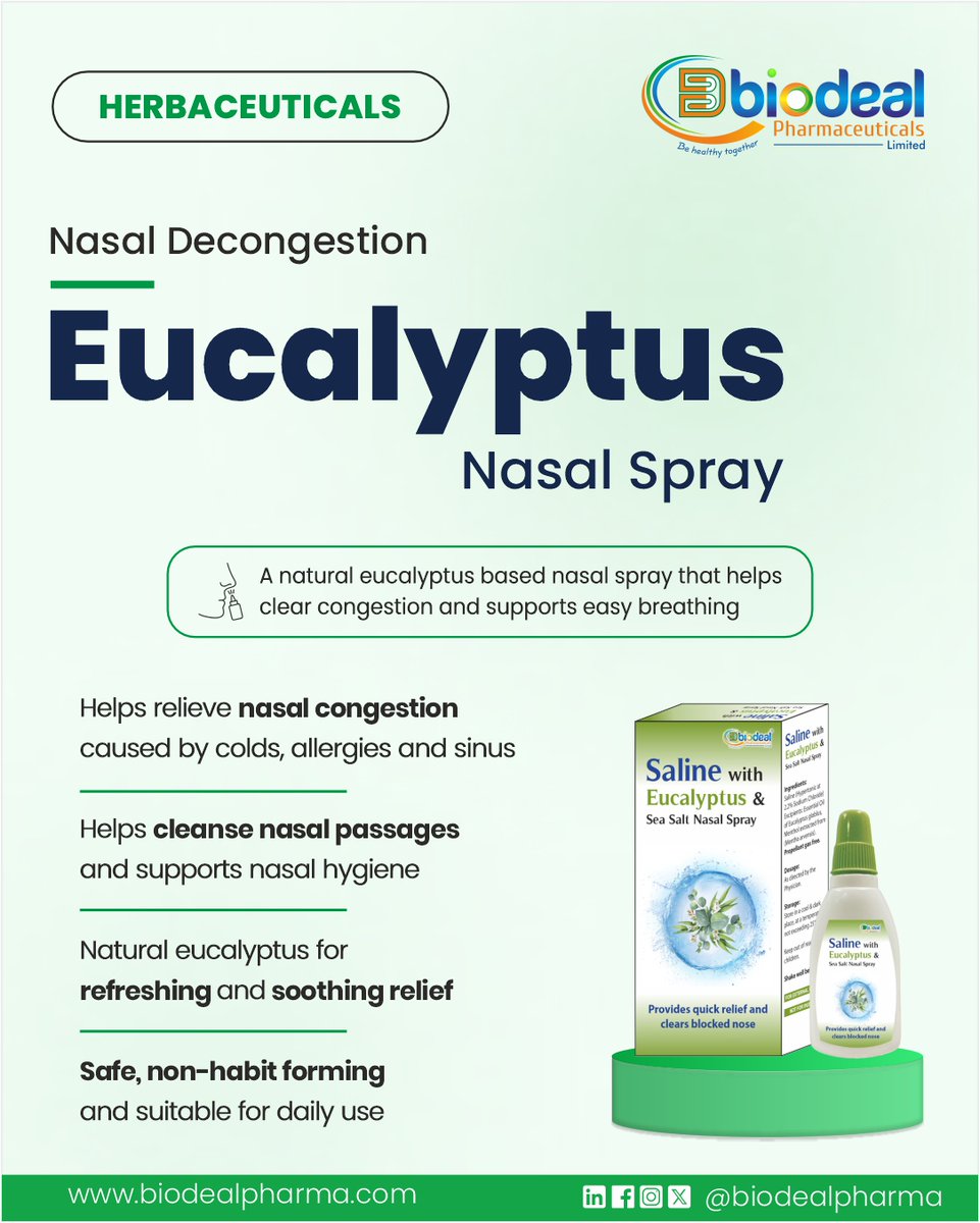 Biodealpharma's tweet photo. Clear. Breathe. Naturally. 🌿
Eucalyptus Nasal Spray — Saline + Eucalyptus + Sea Salt. Non-habit forming. Daily use safe.
India's leading nasal spray CDMO. 3 DCGI approvals 2024–25. Biodeal.
🌐 https://t.co/VmTfwcAhrD
#Biodeal #NasalSpray #CDMOIndia #HerbalFormulation https://t.co/839aws8boa