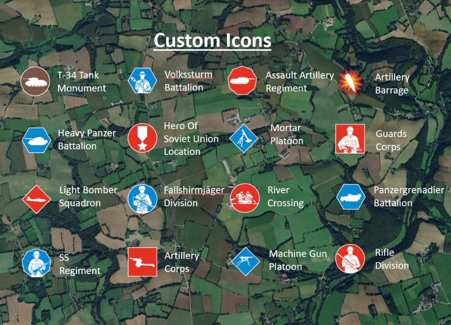 VirtualWarHist's tweet photo. Custom icons identify WHO was involved in the action using intuitive images (based upon real weapons) and a bespoke system of national colour-codes and shapes to display unit size information. #VWH developed this system as a direct alternative to over-complicated military symbols https://t.co/X3Av78faei
