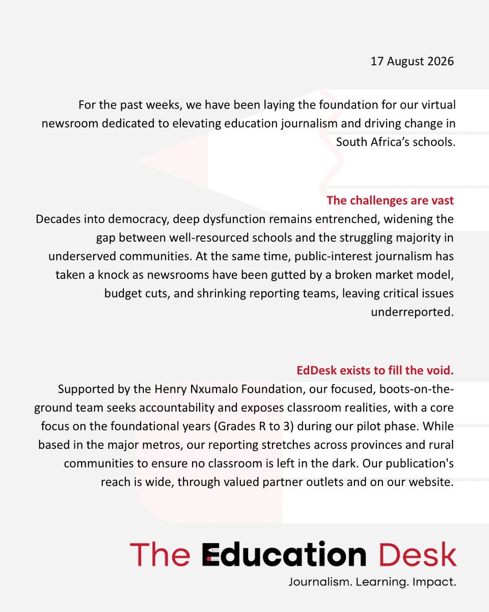 EdDeskSA's tweet photo. Welcome to the launch of @EdDeskSA 

a new virtual newsroom focused on education journalism, accountability and change in South Africa’s schools.

Read our launch stories and join the conversation. https://t.co/CFnpOYtDbm

#TheEducationDesk #EdDesk #Education #FoundationLearning https://t.co/ZEe9a0R4KY