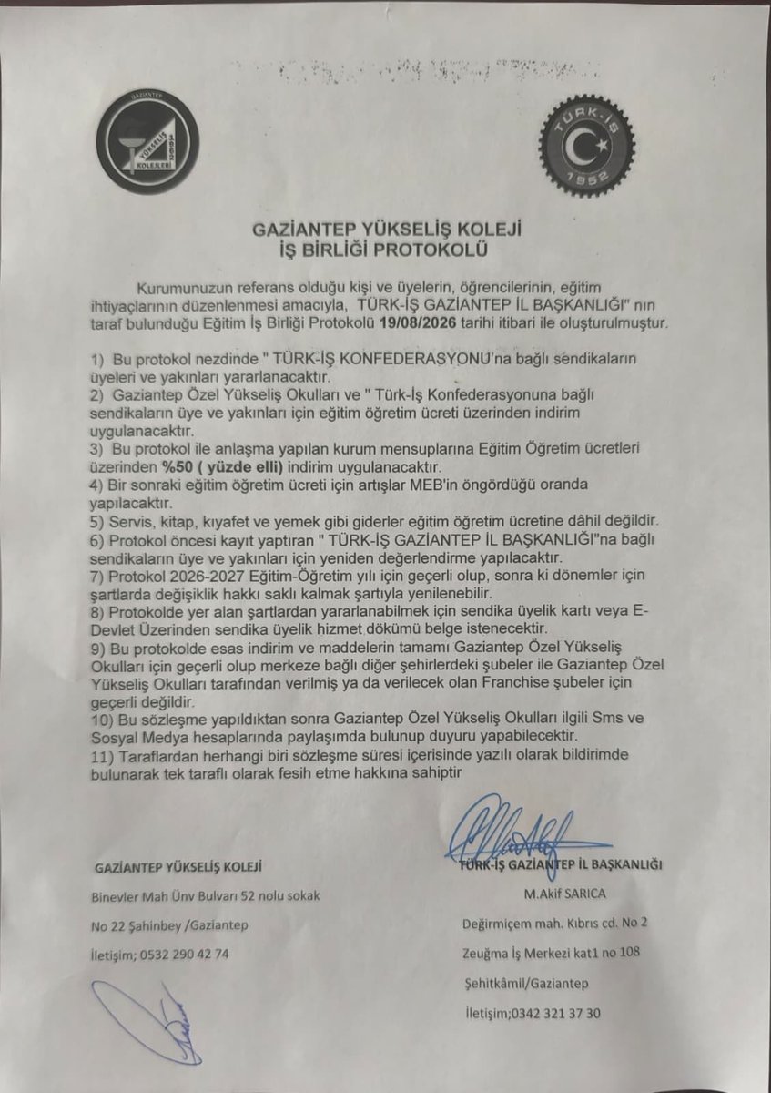 akif_sarica's tweet photo. TÜRK İŞ GAZİANTEP İL BAŞKANLIĞI OLARAK YÜKSELİŞ KOLEJİ İLE ÜYE ÇOCUKLARININ EĞİTİMİ İÇİN İNDİRİM ANLAŞMASI İMZALADIK. ÜYELERİMİZE VE EĞİTİM CAMİASINA HAYIRLI OLMASINI DİLİYORUZ. https://t.co/vpcDT7CNBA
