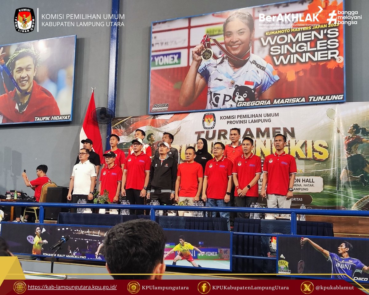 kpukablamut's tweet photo. #TemanPemilih, KPU Kab. Lampung Utara mengikuti Turnamen Bulutangkis antar-KPU se-Provinsi Lampung dalam Rangka HUT ke-81 RI yang berlangsung di Ryuga Badminton Hall, Bandar Lampung, Selasa (18/8/2026).

#KPUkabupatenlampungutara
#KPULampung
#KPUmelayani https://t.co/Z4VvSYnwKc