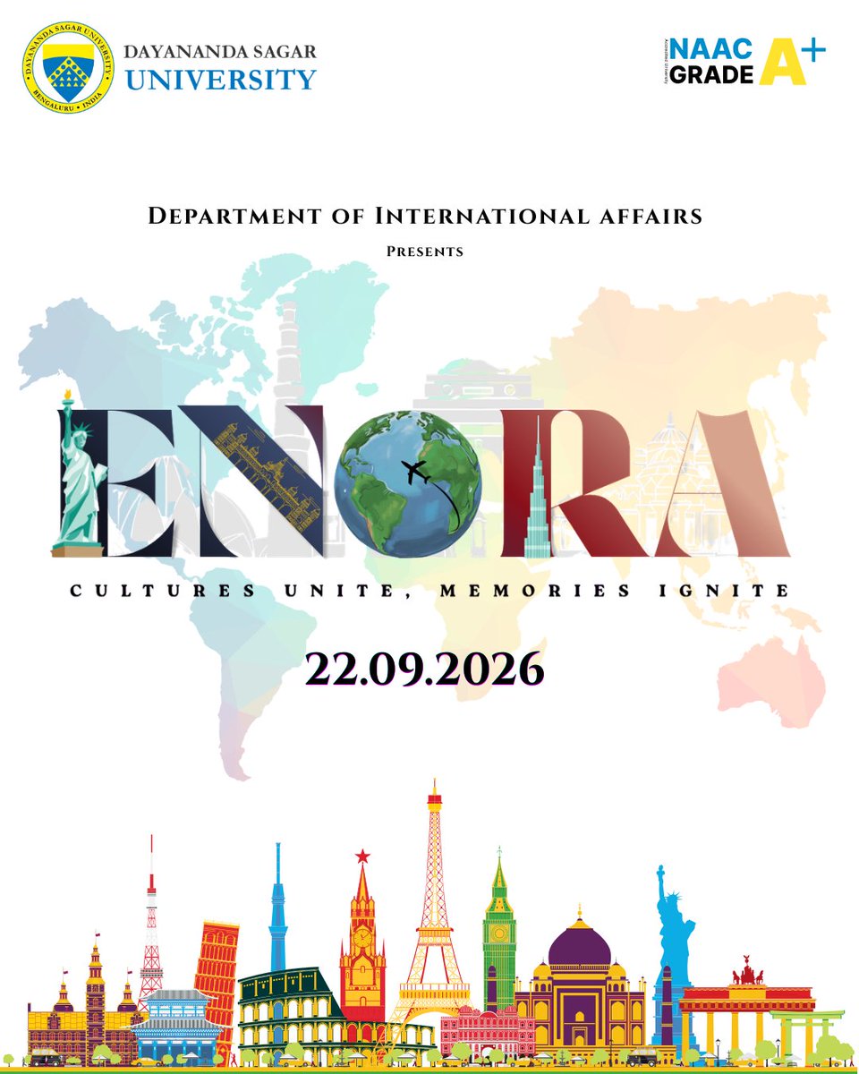 DSUBangalore's tweet photo. The countdown begins! ENORA is coming, where cultures unite, stories cross borders & memories ignite. An immersive celebration of global connection by the Dept. of International Affairs, DSU. 📅 Sept 22, 2026. Stay tuned! #ENORA2026 #DSU #GlobalCulture #CulturesUnite #CampusLife https://t.co/wurdtYIfw5
