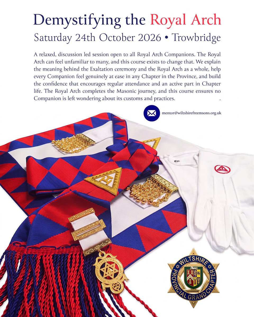 PGCWiltshire's tweet photo. #WiltshireRoyalArch Demystifying the Royal Arch Saturday 24th October 2026 • Trowbridge • A relaxed, discussion led session open to all Royal Arch Companions • For more details: mentor@wiltshirefreemsons.org.uk
@PGCWiltshire @wiltspgl https://t.co/vUPLg3Vfxj