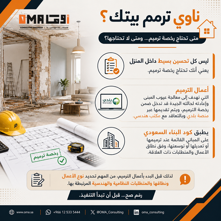 oma_consulting's tweet photo. ناوي ترمم بيتك؟ 🏠
متى تحتاج رخصة ترميم... ومتى لا تحتاجها؟

التحسينات البسيطة داخل المنزل لا يعني أنك تحتاج رخصة ترميم.

🔨 أعمال الترميم التي تهدف إلى معالجة عيوب المبنى وإعادته لحالته الجيدة قد تدخل ضمن رخصة الترميم، ويتم تقديمها عبر منصة بلدي وبالتعاقد مع مكتب هندسي.

🏗️ كما يُطبق كود البناء السعودي على المباني القائمة عند ترميمها أو تعديلها أو توسعتها، وفق نطاق الأعمال والمتطلبات ذات العلاقة.

لذلك قبل البدء بأعمال الترميم، من المهم تحديد نوع الأعمال ونطاقها والمتطلبات النظامية والهندسية المرتبطة بها.

رمّم صح... قبل أن تبدأ التنفيذ.

#مكة #جدة #الرياض #الخبر #الدمام #القصيم #السعودية  #رخصة_الترميم #كود_البناء_السعودي #بلدي #العقار #الهندسة #أوما_للاستشارات_الهندسية #عقار #عقارات_السعودية