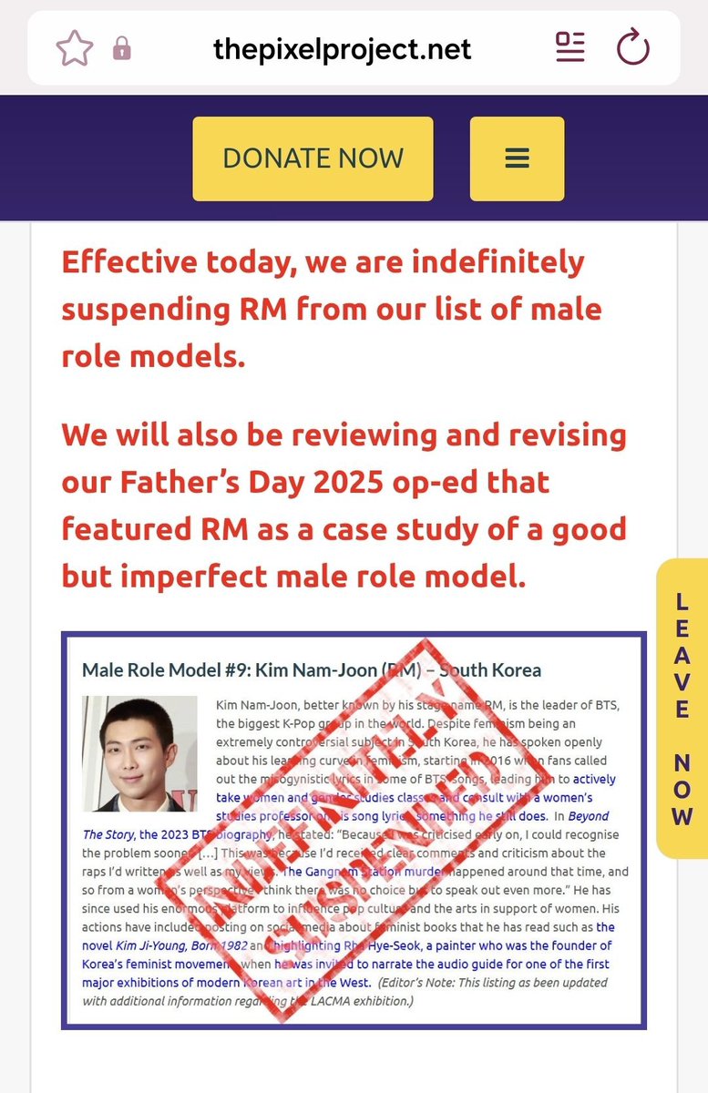 jentlelogy's tweet photo. [🚨] The Pixel Project has officially removed BTS’ RM from its “16 Male Role Models Helping to Stop Violence Against Women” list.

— His indefinite suspension follows his unwavering support for abusers like Chris Brown.
🔗: https://t.co/KqZAt4w3Uz https://t.co/Wa5iicktpr