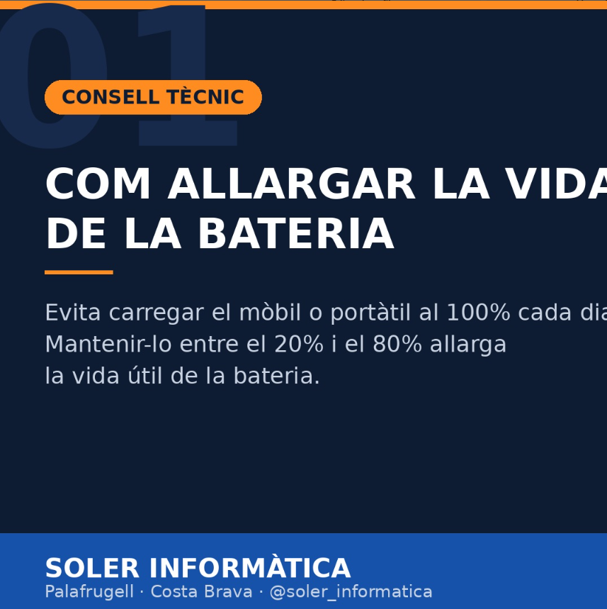 SSolerF's tweet photo. Sabies que carregar el mòbil o portàtil al 100% cada dia n'escurça la vida útil?

✅ Manté la càrrega entre el 20% i el 80%
✅ Evita deixar-lo carregant tota la nit si pots
✅ No esperis que arribi al 0% per tornar-lo a carregar

Petits hàbits, bateria que dura molt més temps. https://t.co/jrxZzO6A65