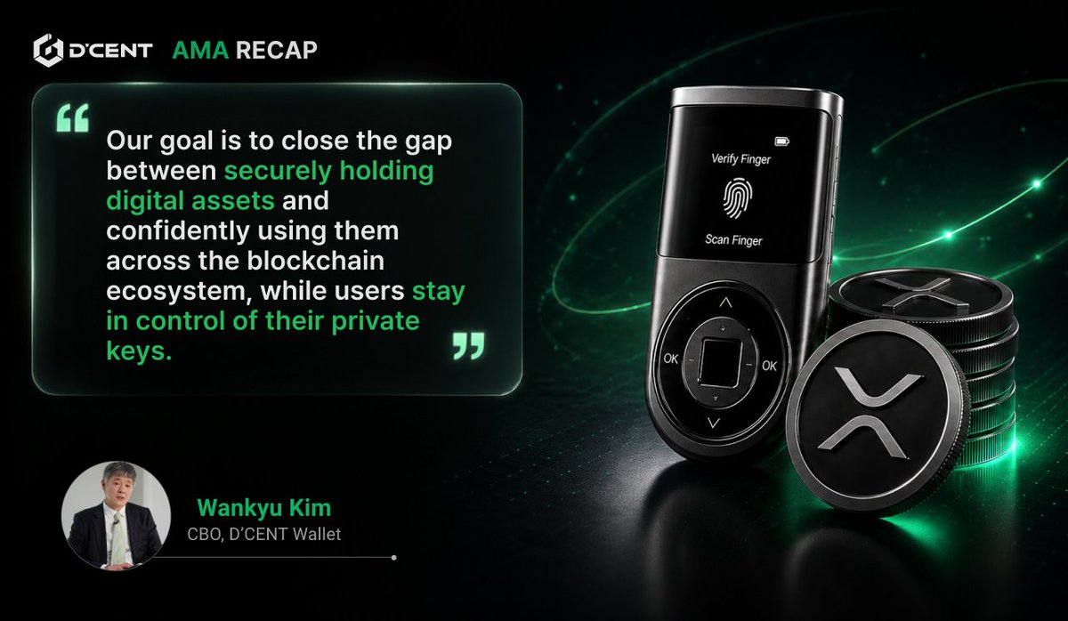 DCENTWALLETS's tweet photo. Self-custody is just the beginning.✨

Your crypto stays yours. But that doesn’t mean it has to sit still.

At D’CENT, we believe self-custody should go beyond secure storage, giving you the freedom to use your assets across the blockchain ecosystem while keeping control of your private keys.

Our CBO Wankyu Kim shared the vision behind D’CENT in our latest AMA.👇