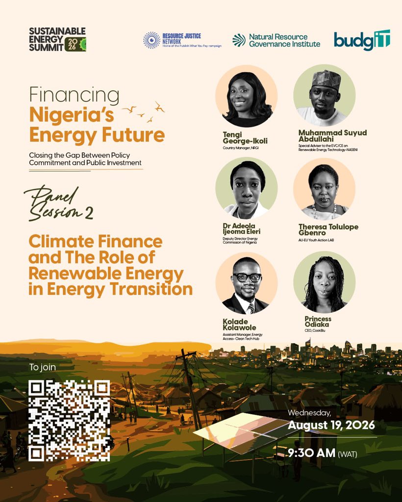 BudgITng's tweet photo. We’re live! 🚀

Today promises to be exciting as we explore Nigeria’s energy transition from several important angles: the role of gas, renewable energy, climate finance, investment and the policies needed to move from ambition to implementation.

We have an incredible array of speakers lined up to unpack these issues across two engaging panel sessions and a fireside chat.

Our first panel, Nigeria's Energy Transition Plan:
Betting on Gas as a Transition
Fuel, will examine the role of gas in Nigeria’s energy transition, bringing regulatory, governance and industry perspectives to the conversation.

The second panel, Climate Finance and The Role of Renewable Energy in Energy Transition, will explore the financing landscape for renewable energy and the investments needed to advance Nigeria’s energy transition.

We’ll also hear from our speakers during the fireside chat, Frontiers for Climate Financing.

📍 Sustainable Energy Summit 2026
Theme: Financing Nigeria’s Energy Future: Closing the Gap Between Policy Commitment and Public Investment

📅 Wednesday, 19 August 2026
⏰ 11:30 AM (WAT)

Join us live via Zoom:
https://t.co/YzegH4AeCL

Watch on YouTube: @BudgITNg

#SES2026 #GetInvolved
