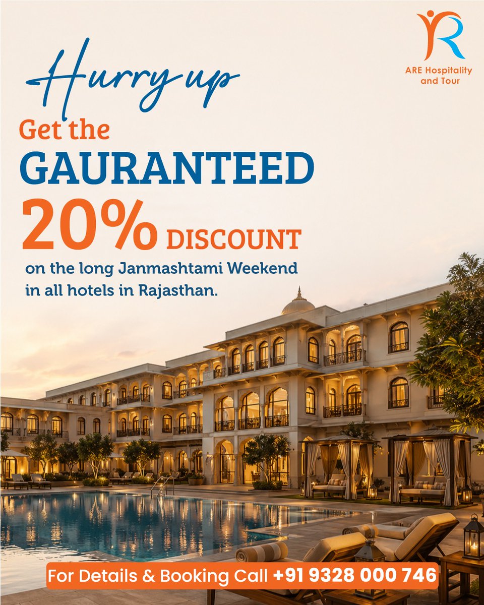 AreHospitality's tweet photo. HURRY UP! ⏰
Get GUARANTEED 20% OFF this Janmashtami Weekend
Limited slots available!
📞 +91 9328000746
🌐 https://t.co/vBiCfDDupu

#Janmashtami2026 #RajasthanHotels #20PercentOff #HotelDeals #RoyalStay #PalaceHotel #TravelRajasthan #LongWeekend #RajasthanTourism #HeritageHotel https://t.co/UUZmskQyJm
