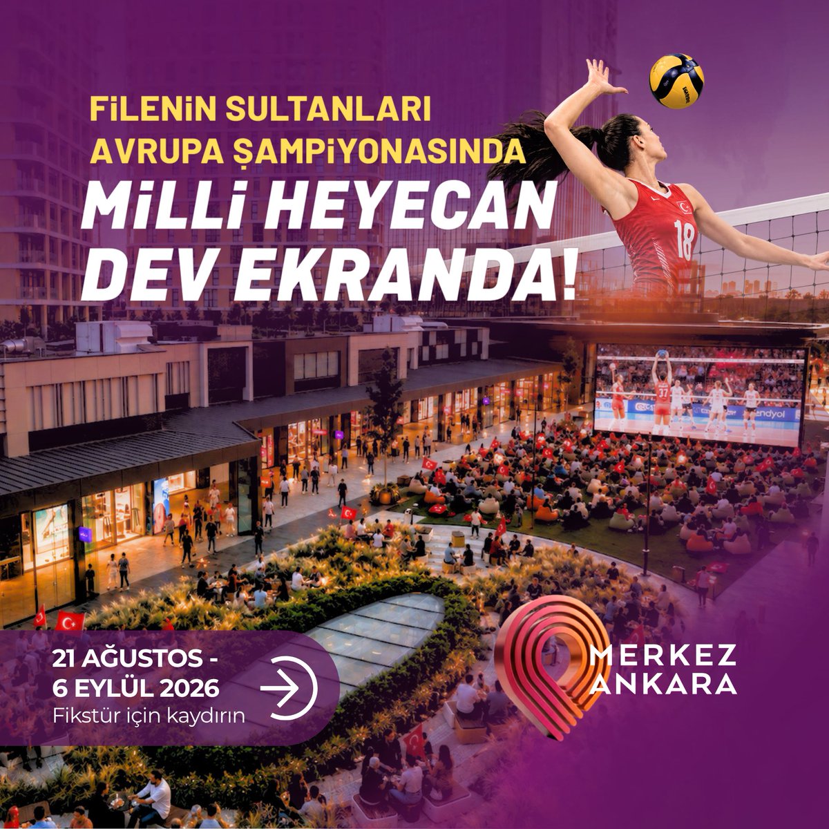 MerkezAnkaraAVM's tweet photo. Filenin Sultanları sahada, milli heyecan dev ekranda! 🇹🇷

Milli Takımımızın maçlarını birlikte izlemek için Merkez Ankara AVM çim alanda buluşuyoruz💫
 
#MerkezAnkaraAVM #Ankara #Etkinlik #AvrupaŞampiyonası2026 #CEV #voleybol https://t.co/A74F3D0Nvh