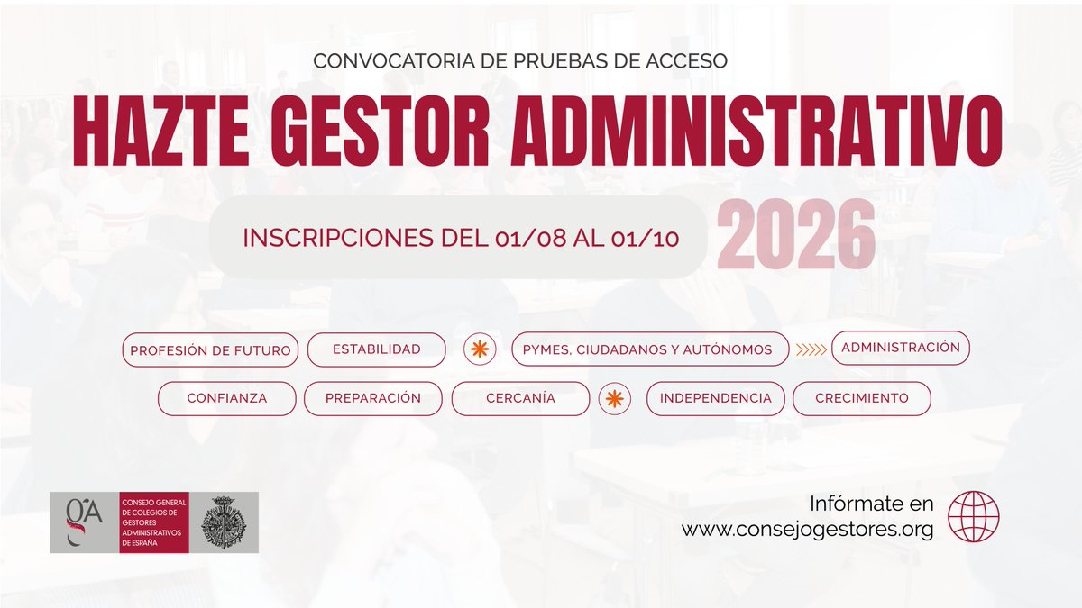 ConsejoGestores's tweet photo. 🚀 Una profesión consolidada, en transformación digital y con nuevas oportunidades por el relevo generacional del sector.
Ya está abierto el plazo para acceder a la profesión de #GestorAdministrativo.
📅 Solicitudes hasta el 1 de octubre.
https://t.co/yw4kSbGL0l https://t.co/G4jGD3OWNC