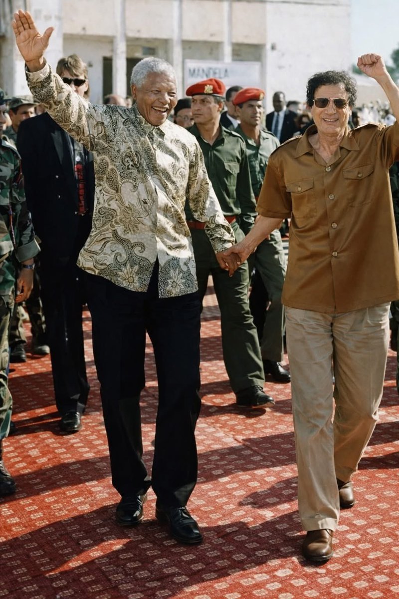 africatodayMG's tweet photo. Why Mandela Visited Gaddafi in 1997: The Trip That Shocked the World

In 1997, Mandela landed in Libya to visit Gaddafi. The West couldn't believe their eyes. What is going on? But here's what they don't want you to know,

When Mandela's freedom fighters needed weapons, training, and refuge in the 1970s, Western nations called them ‘terrorists.’ Britain, France, and America were literally doing business with apartheid.

But Gaddafi opened Libya's doors. Military camps. Millions in funding. Diplomatic backing. While Thatcher armed the regime that imprisoned Mandela, Gaddafi armed his freedom fighters.

When Western leaders begged Mandela to cancel the trip, his response was legendary: “This man helped us when we were alone. Those criticising me now were helping the enemy.”

The US officially listed Mandela as a TERRORIST until 2008. Yes, 2008! Yet they had the nerve to lecture him about who his friends should be.

At the state dinner in Tripoli, Mandela raised his glass: “We will not let others choose our friends. We've been in the struggle too long for that.”

That's what real independence looks like. Not trading one master for another. Not letting your former oppressors write your history or pick your allies.