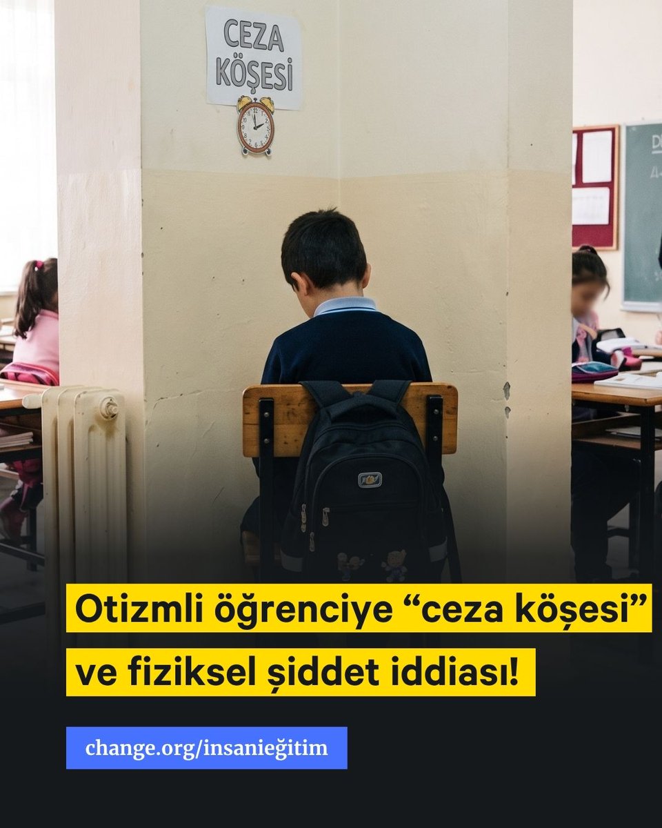 ChangeTR's tweet photo. "Ceza köşesi"ne para cezası!

Türkiye İnsan Hakları ve Eşitlik Kurumu'na başvuran bir aile, Ankara Yenimahalle'de bir ilkokulda eğitim gören yüzde 90 engelli ve otizmli kız çocuklarının okulda öğretmenleri tarafından darbedildiğini, vücudunda sıkma ve bastırmaya bağlı morluklar oluştuğunu öne sürdü. Aile ayrıca, sınıfta 'ceza köşesi' oluşturularak ayrımcılığa uğradığını iddia etti.

Darp iddiası için yeterli delil olmadığı gerekçesiyle takipsizlik verildi, ancak "ceza köşesi" uygulaması için İlçe Milli Eğitim Müdürlüğü'ne 17 bin 52 lira idari para cezası kesildi.

Otizmli çocukların daha insani koşullarda eğitim görmesini talep eden Dilara bir kampanya yürütüyor. Destekliyorsan imzala, paylaş: https://t.co/tfT86BdE3v