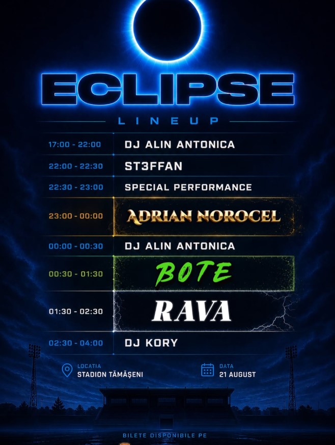 Roman24online's tweet photo. Pe 21 august 2026, Stadionul din Tămășeni devine scena primei ediții ECLIPSE Festival. Pe scenă vor urca RAVA, Adrian Norocel și BOTE, alături de DJ OMARR, DJ Alin Antonică și DJ Kory. Biletele pot fi cumpărate pe
https://t.co/8kQyO11lDI https://t.co/giE9Y1IxR8