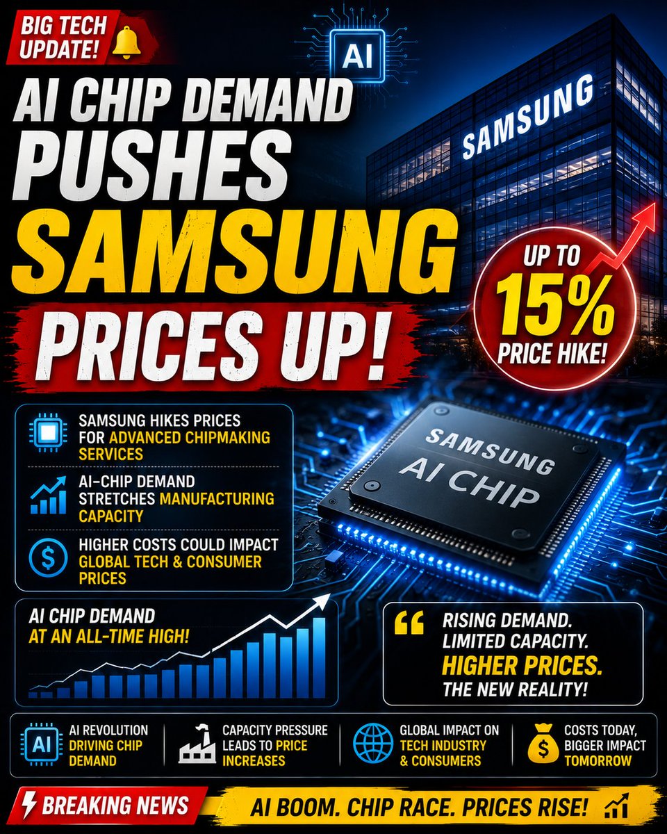 rizwanbrief's tweet photo. 🔥 AI CHIP DEMAND PUSHES SAMSUNG PRICES UP!
Samsung has raised prices for some advanced chipmaking services by up to 15%, as AI-chip demand puts pressure on manufacturing capacity.

#Samsung #AI #Semiconductors #Technology https://t.co/xUyhOBCldb