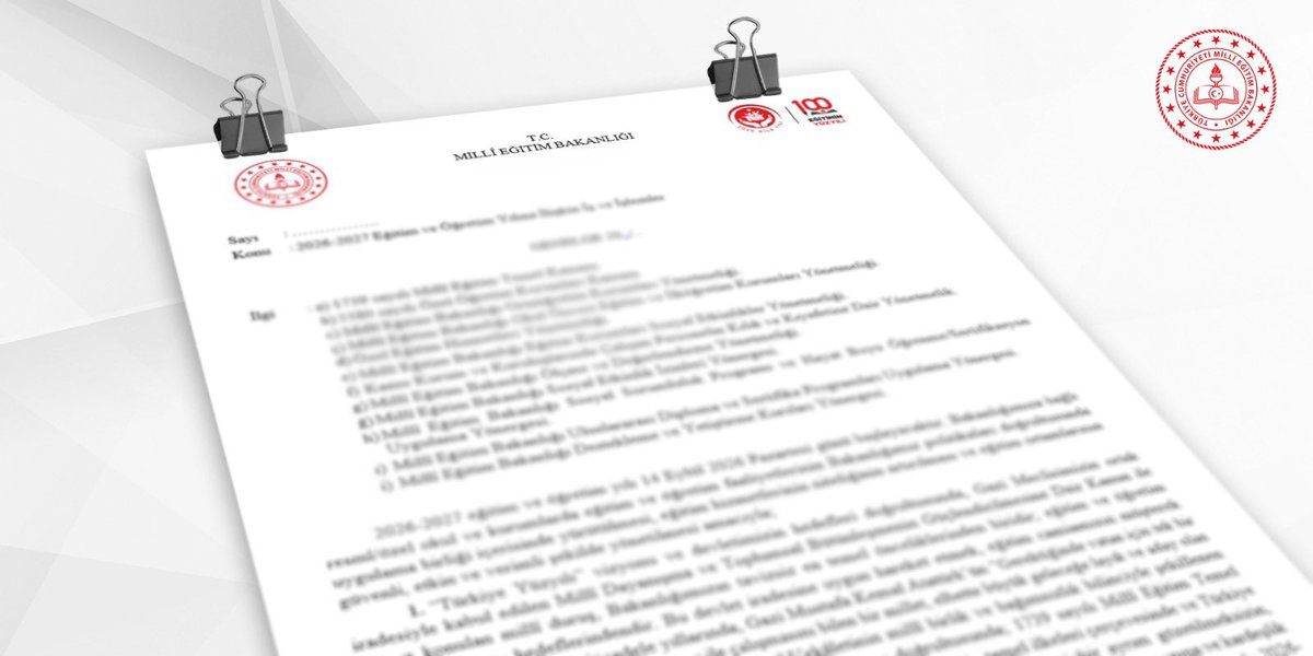 elazigmem's tweet photo. 📢 Millî Eğitim Bakanı Sayın @Yusuf__Tekin İmzasıyla İllere Gönderilen “2026-2027 Eğitim ve Öğretim Yılına İlişkin İş ve İşlemler” Konulu Genelge, Yayımlandı.  

📌2023 yılından bu yana eğitim öğretim hizmetlerinin gerçekleşmesinde usul, esas ve ülkü birliği oluşturmak gayesiyle her eğitim yılı başında hazırlanan genelgelerin devamı niteliğinde olan ve 14 Eylül 2026 Pazartesi günü başlayacak yeni eğitim öğretim yılına ilişkin uygulamaların çerçevesini belirleyen bu yılki genelgeyle;
 
📌  Millî Eğitim Bakanlığına bağlı resmî ve özel okullar ile diğer kurumlarda eğitim ve öğretim faaliyetlerinin Bakanlık politikaları doğrultusunda tavizsiz yürütülmesi ve eğitim ortamlarının güvenli, etkin ve verimli şekilde yönetilmesi, 

📌 Öğretmenler, eğitim yöneticileri, kurum çalışanları, öğrenciler ve velilerin yeni eğitim öğretim yılına ortak duygu ve beklentilerle hazırlanmaları, ülke genelinde uygulama birliğinin sağlanması ve eğitim hizmetlerinin daha nitelikli yürütülmesi amaçlanıyor.

👉 https://t.co/RXo5cWtcHn
@tcmeb  @numanhatipoglu @gun_aziz #Elazığ