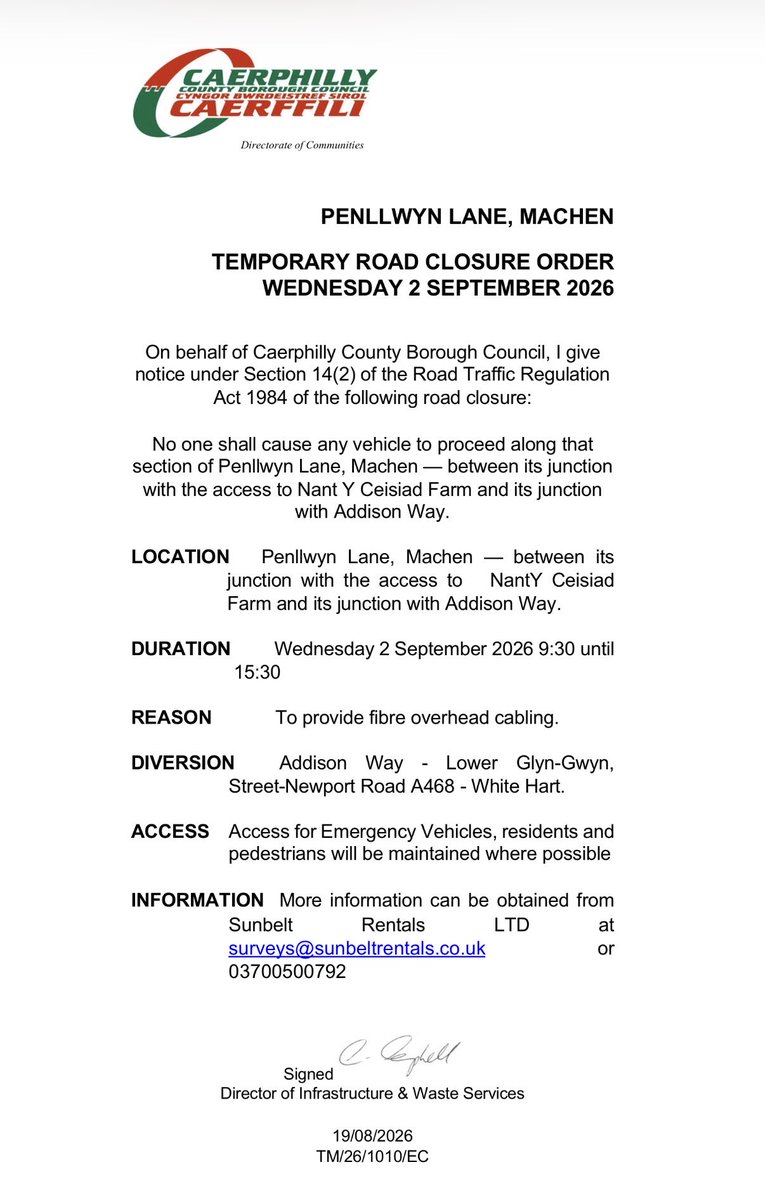 McConAmanda's tweet photo. 🚧 ROAD CLOSURE – PENLLWYN LANE, MACHEN 🚧

Please be aware that a section of Penllwyn Lane, Machen will be temporarily closed on:

📅 Wednesday 2 September 2026
⏰ 9:30am – 3:30pm

#MachenRudryWard #RoadClosure #TrafficUpdate #CaerphillyCBC https://t.co/PGWhorbtvq