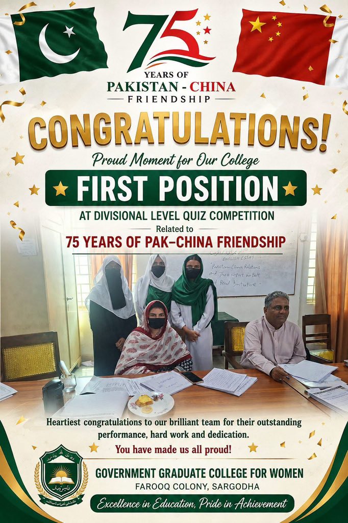 FarooqiansSgd's tweet photo. 🏆 Proud Moment for GGCW Farooq Colony! 🇵🇰🇨🇳

Our talented students secured 1st Position at the Divisional Level in the Pakistan-China Quiz Competition. 🎉

Heartiest congratulations to our brilliant achievers:
🥇 Tehreem Nasir
🥇 Maryam Tariq
🥇 Ammara Akram
@RanaSikandarH https://t.co/qsclgpYuFI
