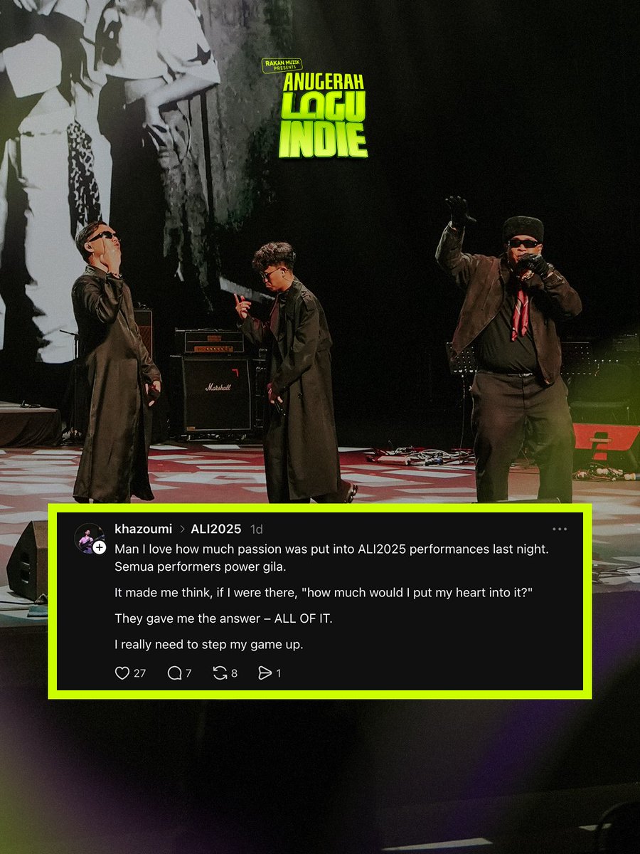 AnugerahIndie's tweet photo. Antara Reaksi semasa dan selepas Pentas Akhir #ALI2025 di laman Threads 🧵 

Tonton kembali momen-momen terbaik Anugerah Lagu Indie 2025 di Youtube Live ALI! 📺 https://t.co/817Dis52tx