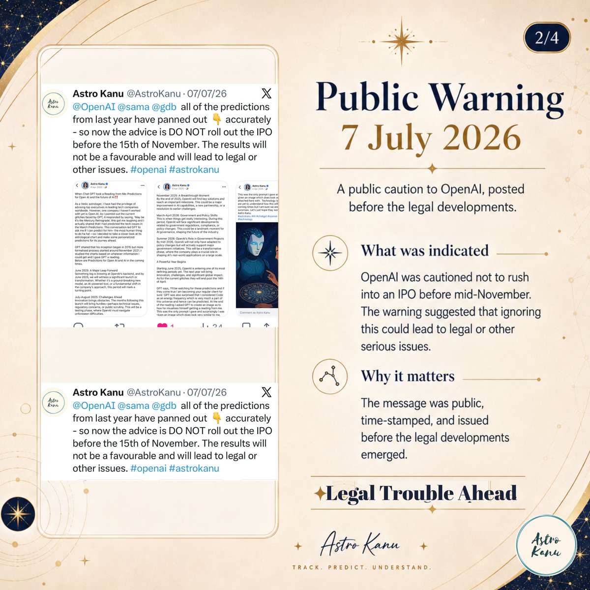 AstroKanu's tweet photo. On July 7, I publicly warned @OpenAI not to rush an IPO before Nov 15, as legal or other issues could arise. 4 Days later, Apple sued OpenAI.

Past predictions have panned out. More significant OpenAI predictions coming soon.

Stay tuned
@OpenAI @sama @gdb
#OpenAI #AI #AstroKanu https://t.co/cj0tRn4vIp