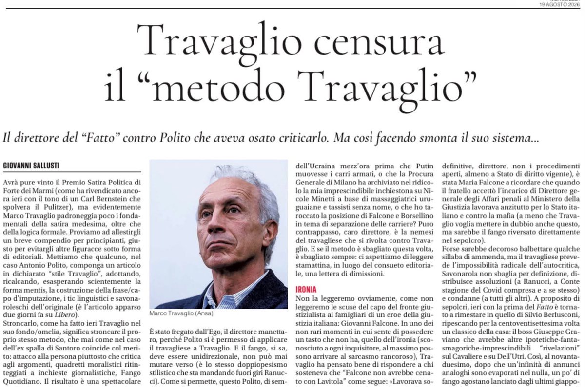 GioSallusti's tweet photo. Avrà pure vinto il Premio Satira Politica di Forte dei Marmi (come rivendica con il tono di un Carl Bernstein che spolvera il Pulitzer), ma evidentemente Marco #Travaglio padroneggia poco i fondamentali della satira medesima, oltre che della logica formale. Proviamo ad allestirgli un breve compendio per principianti. Mettiamo che qualcuno, nel caso @antoniopolito1, componga un articolo in dichiarato “stile Travaglio”. Stroncarlo livorosamente sul Fatto significa stroncare il proprio stesso metodo…
Autosconfessioni involontarie, su @Libero_official.