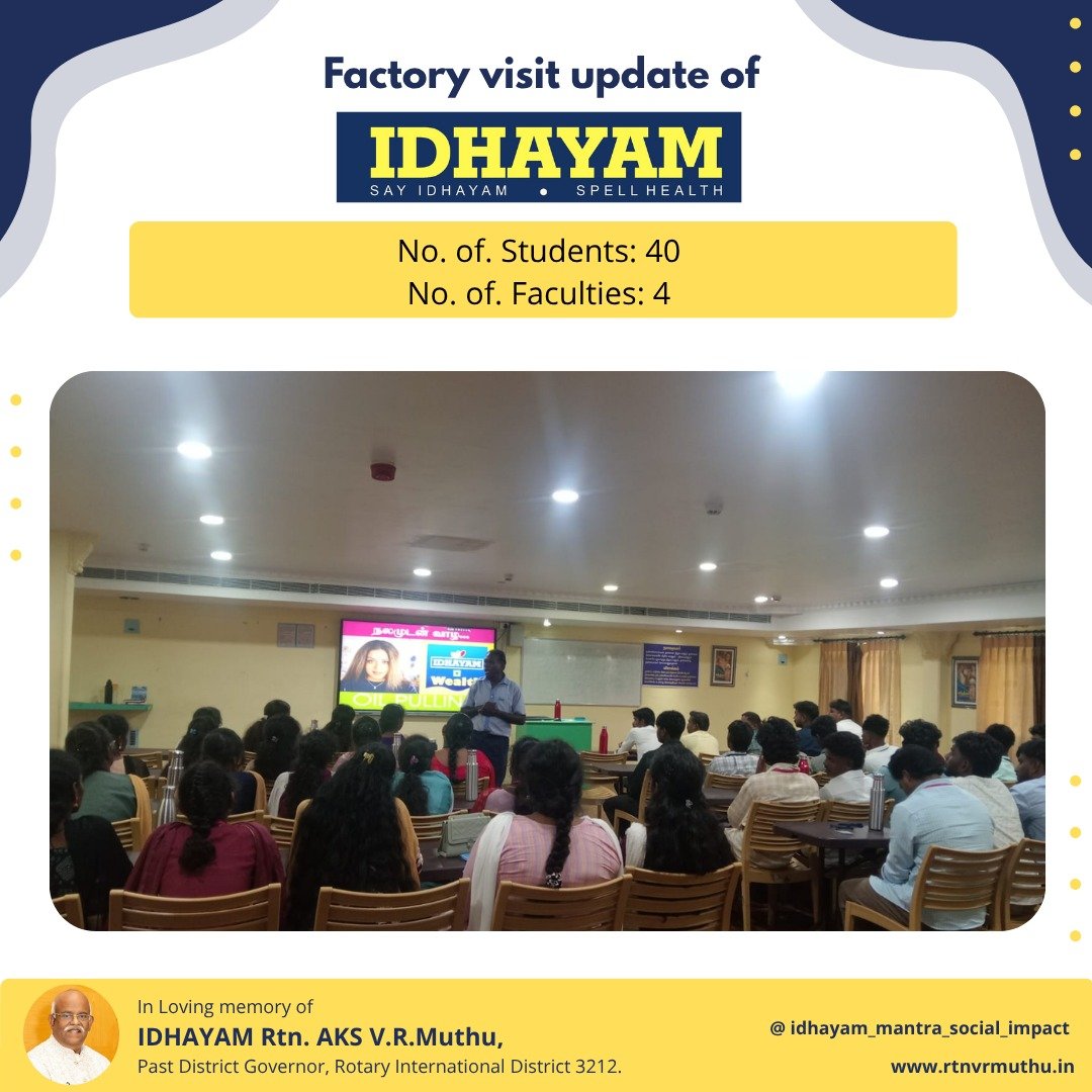 RtnVRMuthu's tweet photo. Factory Visit by Srivanchi College of Arts and Science, Sathiyamangalam on 06.08.2026
#idhayamoil #factoryvisit #Idhayamoilfactory #factorytour #sesameoil https://t.co/vGlOPm5Y52