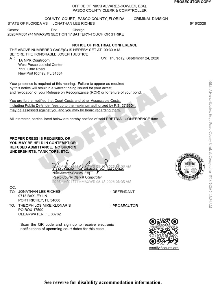 MattBlacInc's tweet photo. 📌 STATE OF FL VS JONATHAN LEE RICHES 

BATTERY-TOUCH OR STRIKE  

📌NOTICE OF PRETRIAL CONFERENCE

Thurs', Sept', 24, 2026 AT 9:30AM  ET

⚠️ #DomesticViolence  If you or someone you know is experiencing DV then call the National Domestic Violence helpline 1-800-799-7233 ☎️  🇺🇸 https://t.co/tBgwglnVzY