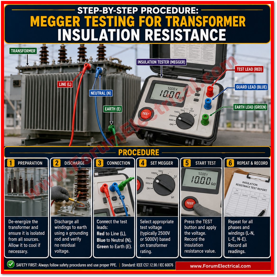 ForumEIectrical's tweet photo. Step-by-Step Procedure: Megger Testing for Transformer Insulation Resistance
https://t.co/oYeeFeNDku
#MeggerTest #InsulationResistanceTest #TransformerTesting #TransformerIRTest #InsulationResistance #ElectricalTesting #ElectricalEngineering #TransformerMaintenance #PowerTransformer #TransformerCommissioning #TestingAndCommissioning #ElectricalMaintenance #MeggerTesting #IRTest #ElectricalSafety #TransformerProtection #SubstationTesting #PowerSystems #ElectricalEngineer #CommissioningEngineer #PreventiveMaintenance #HighVoltageTesting #TransformerDiagnostics #ForumElectrical #ElectricalEngineeringTips
https://t.co/oYeeFeNDku