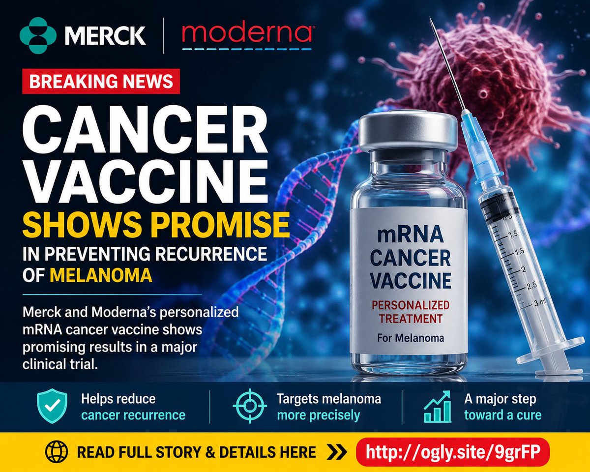 TheEmilycarte's tweet photo. 🚨 BREAKING: Merck &amp; Moderna say their personalized mRNA cancer vaccine showed promise in preventing melanoma from returning after surgery.
Could this reshape cancer treatment? 👇
https://t.co/pk2QmwPNNo
#Cancer #Melanoma #mRNA https://t.co/kHey3gXQUa