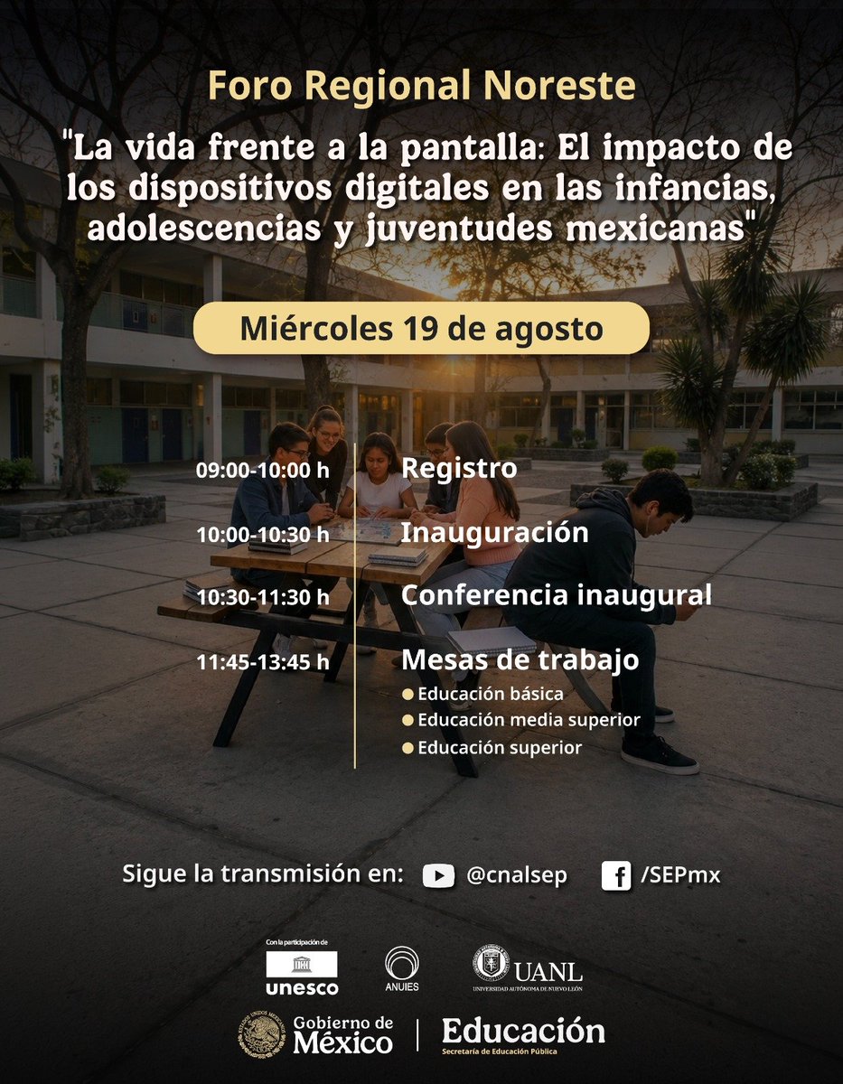 NoemiJuarezSEB's tweet photo. 🇲🇽 Estamos a punto de comenzar el Foro Regional Noreste "La vida frente a la pantalla".
¡Acompáñanos! 👇
Inauguración: https://t.co/tQjVLiHsme
Mesa de Educación Básica: https://t.co/TnxW32tMWv
#EducarParaTransformar
#EducaciónBásica #NEM https://t.co/2d5PKrDBUP