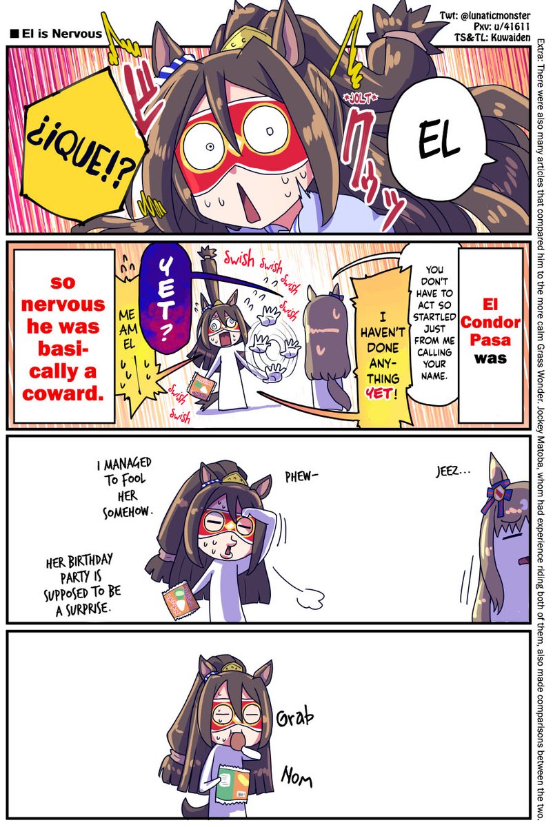 Kuwaiden's tweet photo. The Story of El Condor Pasa's Appetite (Repost) by @lunaticmonster 

If the world was ending, I'd just munch down on some good food too ngl

#ウマ娘 #Umamusume 
#ウマ娘英訳 #UmaTranslations https://t.co/RamAWBcHr4