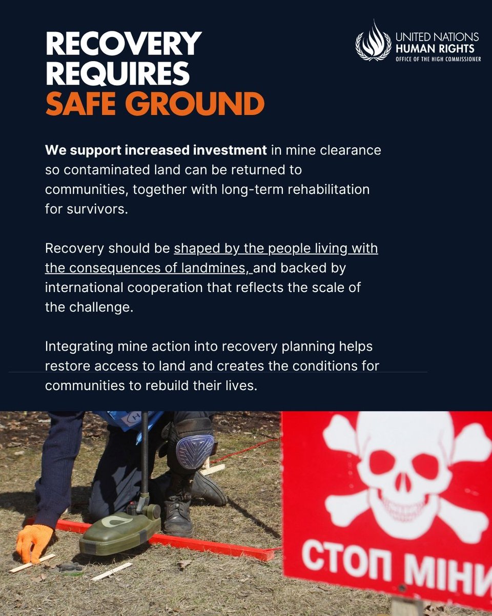 UNHumanRights's tweet photo. Landmines can remain deadly long after conflicts end, threatening lives, livelihoods and the right to live in safety and dignity.

https://t.co/cavyGa5wFw https://t.co/Fqo4LnyQ1T