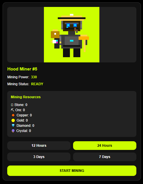 HoodMiners's tweet photo. Pick your mining time ⛏️

12H / 24H / 3D / 7D ⏰

Send your Miner to work and let it run🤖 https://t.co/kyN8j4llKs