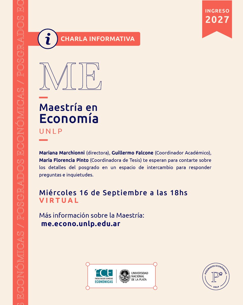 IIEunlp's tweet photo. ¿Pensando en arrancar una maestría en 2027? Sumate a la próxima reunión informativa de la ✨Maestría en Economía de la UNLP✨:

📆16 de Septiembre⏰18:00 horas
🔗Link https://t.co/X0fj49fshu

Más info en 👉 https://t.co/DnsXqPOaf3 https://t.co/4HlAQJrxEf