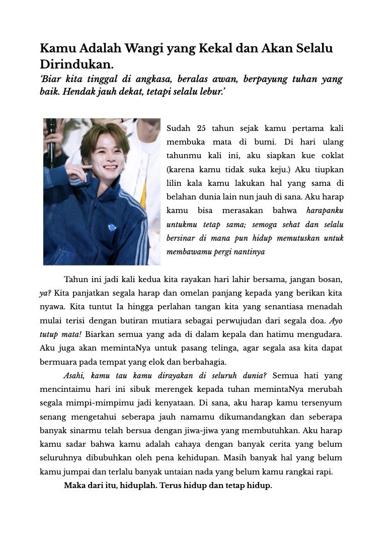 asahikucing's tweet photo. Teruntuk kekasihku di balik pena, Asahi Hamada.
Selamat bertambah usia yang ke dua puluh lima! 🕯️ https://t.co/ExRXqeFlKm