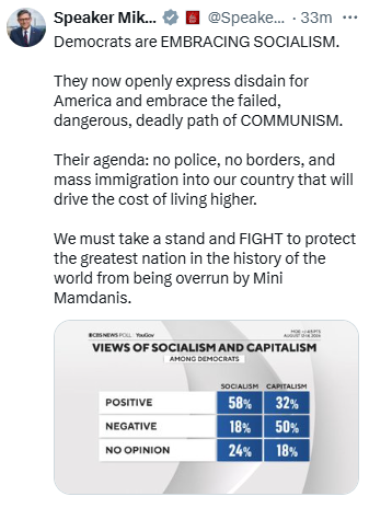 4HumanUnity's tweet photo. .@SpeakerJohnson  Why do you constantly lie to the American people? Socialism and communism are not the same thing, and you know it.

Communism means the state owns and controls virtually everything. Socialism means some programs, healthcare, transit, childcare, are publicly funded within a system that still has private property and markets. Confusing the two is either ignorance or a scare tactic. Given your job, its probably both.

And "no police, no borders" is not Mamdani's platform. His actual plan adds a $1.1 billion community safety department alongside police, and focuses on rent freezes and lower grocery prices; affordability, not chaos as your boss.

Here is the actual danger: concentrating unaccountable power in the hands of a few, whether that is a communist politburo or a president extorting states and funneling taxpayer money to his own family.

That is the real thread connecting authoritarianism throughout history. People are not "embracing communism." They are exhausted watching their tax dollars looted by corruption instead of invested in them as you act like a rubber stamp.