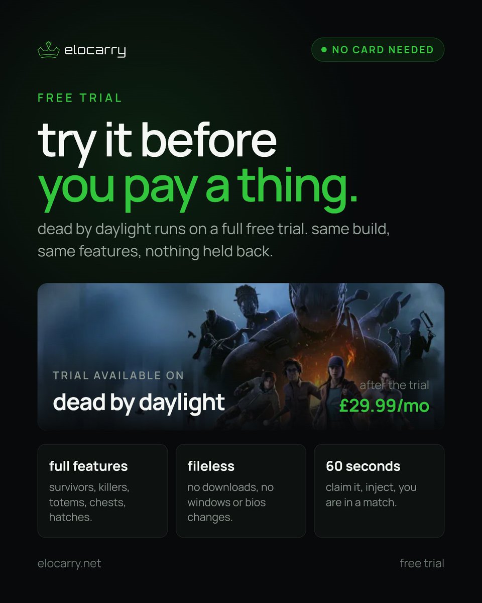 Elocarrynet's tweet photo. try it before you pay for it.

dead by daylight has a full free trial. same build. same features. nothing held back.

https://t.co/WO05W9xEco https://t.co/q26fXGPDA0