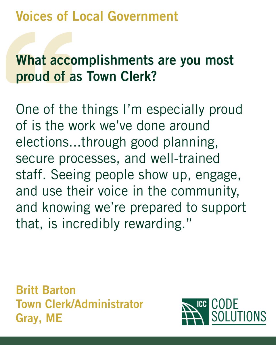 generalcode's tweet photo. Voices of Local Government (a Decoder newsletter series): A conversation with Britt Barton, Town Clerk for Gray, Maine. Read this full interview: https://t.co/kML9Osm3wV

Voices of Local Government is a continuing series in which we talk with community builders, shapers and innovators from across the country to learn more about their unique experiences and what it takes to be effective and successful in their roles within local government.

#VoicesInLocalGovernment #TownOfGray #Maine #MunicipalClerks #ICCCodeSolutions #ICCFamilyOfSolutions #ICCInnovation