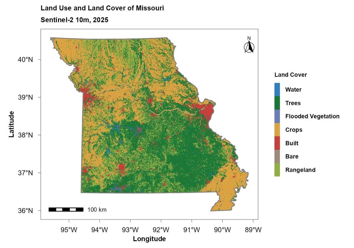 alihassansha12's tweet photo. Land Use & Land Cover Mapping of Missouri Using Sentinel-2 (10 m), 2025 🛰️🌱
#GIS #RemoteSensing #Geospatial #Sentinel2 #EarthObservation #LandUse #GISMapping #SpatialAnalysis #SatelliteImagery #GoogleEarthEngine #GEE #EnvironmentalMonitoring #Agriculture #Forestry #USA #Missouri https://t.co/ljdKptkIo4