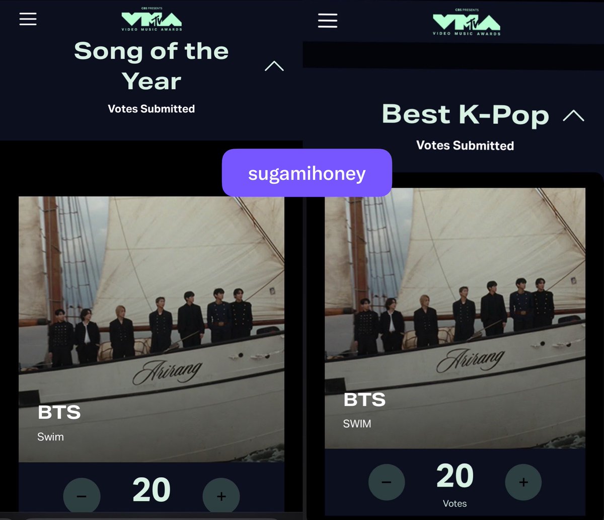 sugamihoney's tweet photo. 🚨DIFUNDAN

Comenzó un nuevo día para votar por BTS EN LOS VMAS, en las categorías "SONG OF THE YEAR" y "BEST K-POP". YA PUEDEN PASAR A VOTAR. SI YA LO HICIERON, DEJEN SUS CAPTURAS 👇🏻

🔗 https://t.co/JEwHlRRfGp
▫️Son 20 votos x correo

VOTE FOR BTS BEST K-POP ON VMAS
VOTE FOR SWIM SONG OF THE YEAR ON VMAS
#BTS_ARIRANG #VoteForBTSOnVMAS