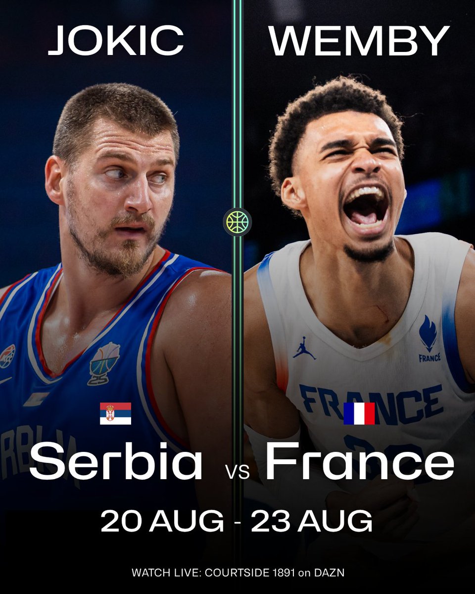 FIBA's tweet photo. Clash of the Titans ⚔️

Jokic vs Wemby. Serbia 🇷🇸 and France 🇫🇷 go head-to-head TWICE in three days as they gear up for Window 4 of the FIBA Basketball World Cup Qualifiers! 🏀🔥

🖥️ Watch the action live: @courtside1891 on DAZN https://t.co/yIyiJnTAax