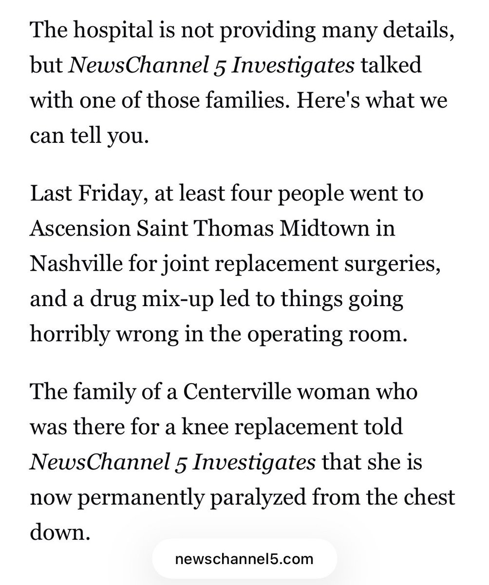 nickmmark's tweet photo. Due to a mixup in the Ascension hospital pharmacy, FOUR patients received potassium instead of bupivicaine for epidurals before routine joint surgeries. At least one is now paralyzed.

The worst error I’ve ever heard of. Hard to see how this could happen.
https://t.co/ljTxJ8yx3r https://t.co/67CfFEfBkH