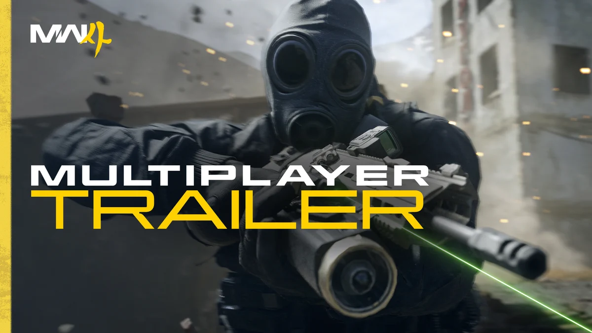 Thumbnail art for Call of Duty: Modern Warfare 4 Multiplayer. Features a masked character aiming sights off-screen. Center text reads "Multiplayer Trailer," and the MW4 logo sits in the top left corner.