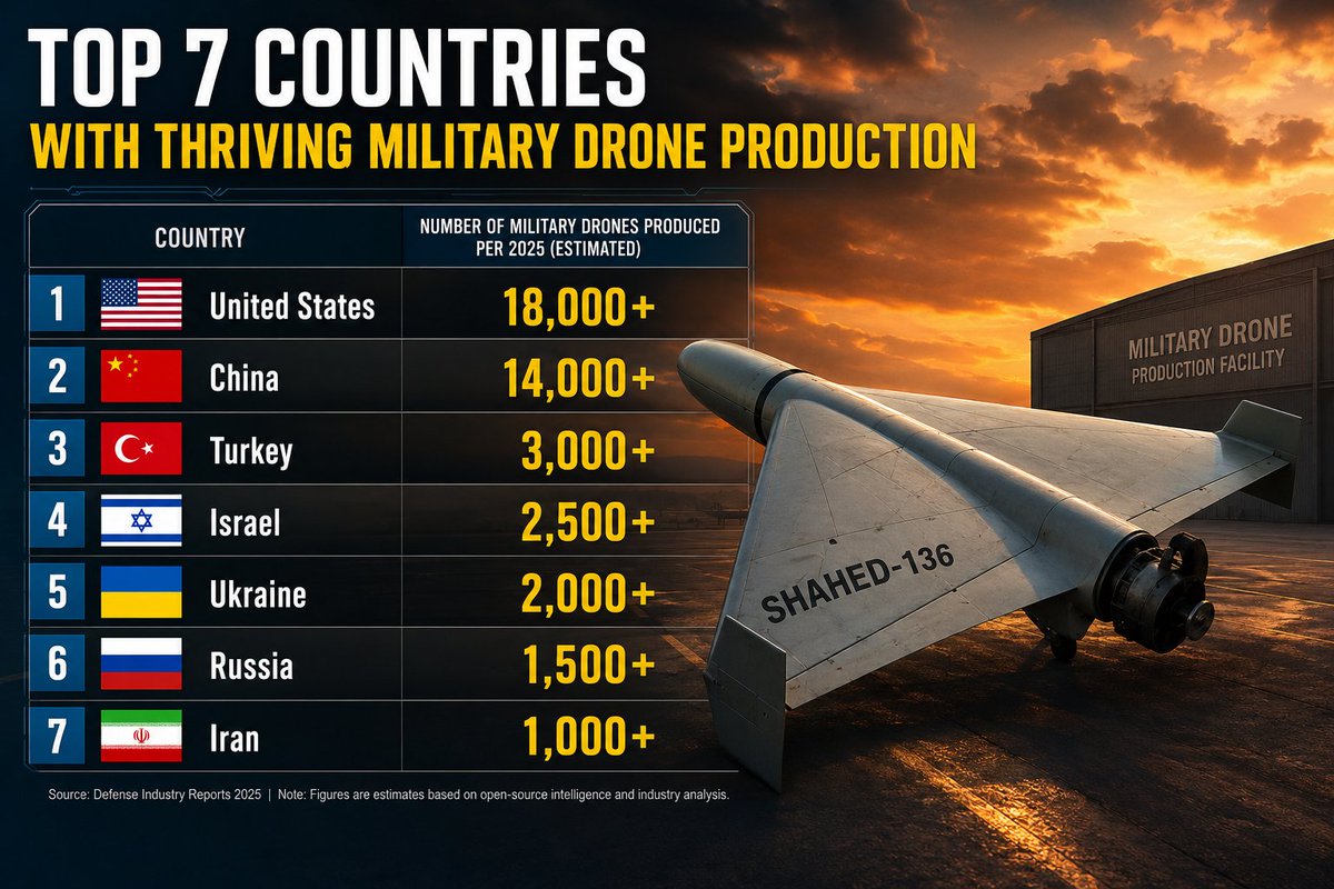 PlanetCount's tweet photo. 🚨 Top 7 countries with thriving military drone production:

1. 🇺🇸 United States  
2. 🇨🇳 China  
3. 🇹🇷 Turkey  
4. 🇮🇱 Israel  
5. 🇺🇦 Ukraine  
6. 🇷🇺 Russia  
7. 🇮🇷 Iran https://t.co/REE4bfnu1D