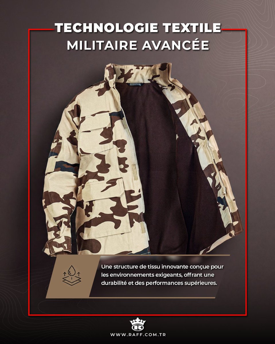 RaffMilitaryFR's tweet photo. Découvrez notre technologie textile militaire avancée &amp; les détails qui font la différence. 🔍

Conçue pour offrir une mobilité maximale sur le terrain et une utilisation durable.

#RaffMilitaryTextile #VêtementsMilitaires #ÉquipementTactique #IndustrieDeDéfense https://t.co/FQpK3xcNWh