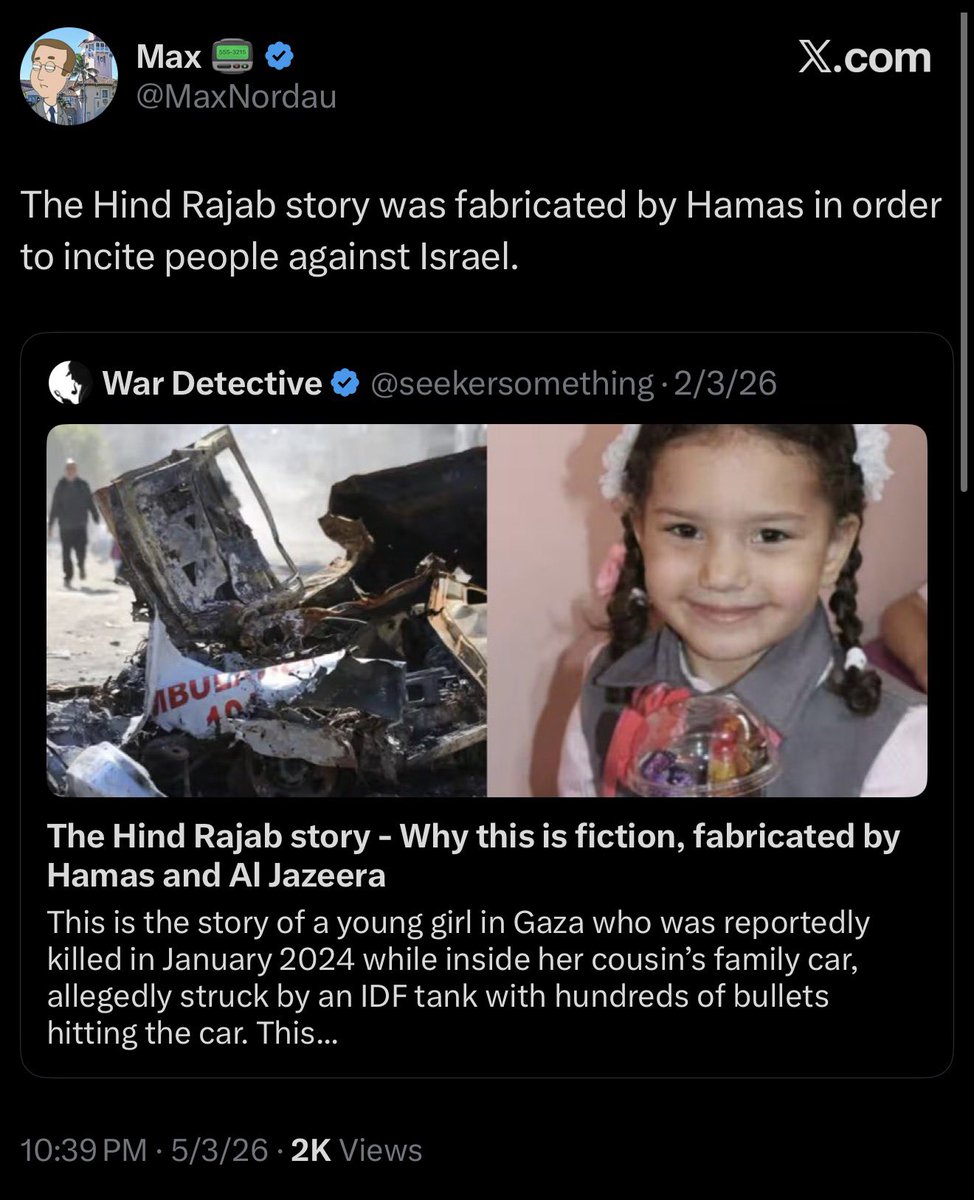Villgecrazylady's tweet photo. Never ever forget that the very worst people on this website have spent the last 2.5 years lying through their teeth and writing countless “fact checks” claiming this story was completely fabricated to make Israel look bad.

Israel has paid Brad Parscale millions of dollars to set up entire websites “debunking” the Hind Rajab story. 

The influencers getting paid by ClockTowerX are taking literal blood money. They should never be allowed to forget that.
