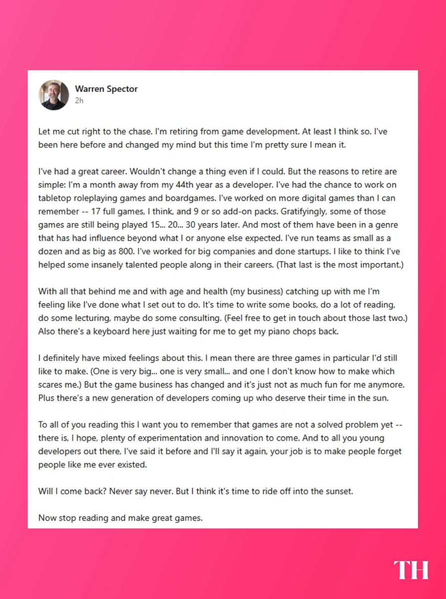 ToonHive's tweet photo. Warren Spector, creator of ‘Deus Ex’, Disney’s ‘Epic Mickey’ and more has announced his retirement from the video game industry. https://t.co/cb2zG1TBBq