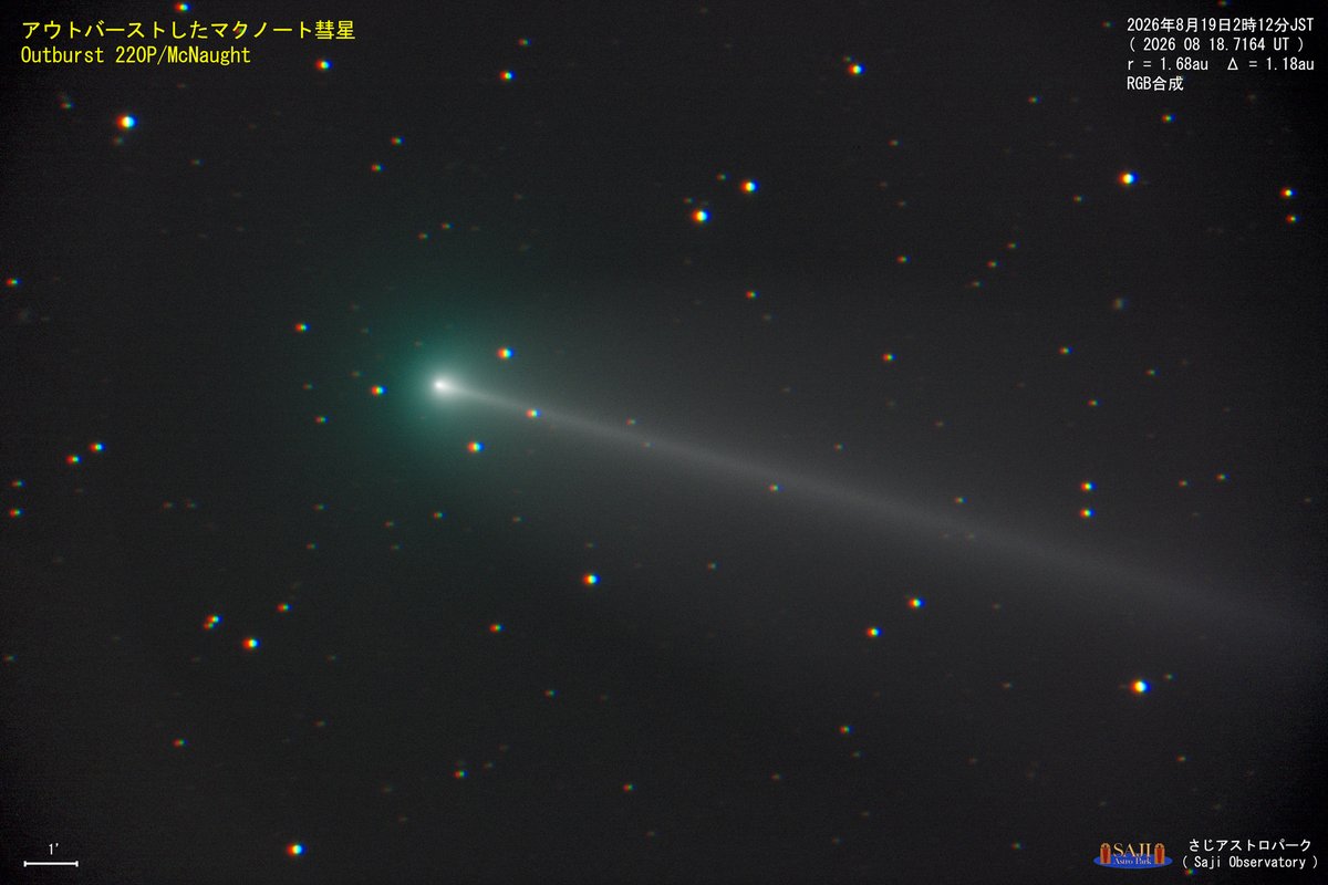 SajiObservatory's tweet photo. 昨夜は予期せず晴れて、増光したマクノート彗星220Pを約10日ぶりに撮影できました。チリが大きく広がっていました。合わせて、ドームの上に広がる天の川も撮ってみました。すばらしい星空でした！ #星取県 #鳥取市 #comet https://t.co/e82LFU3AMo